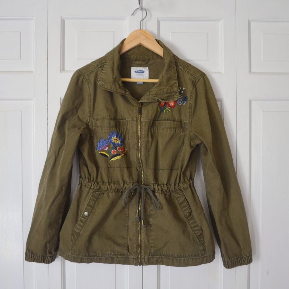 Old Navy Floral Embroidered Olive Green Field Jacket Size M